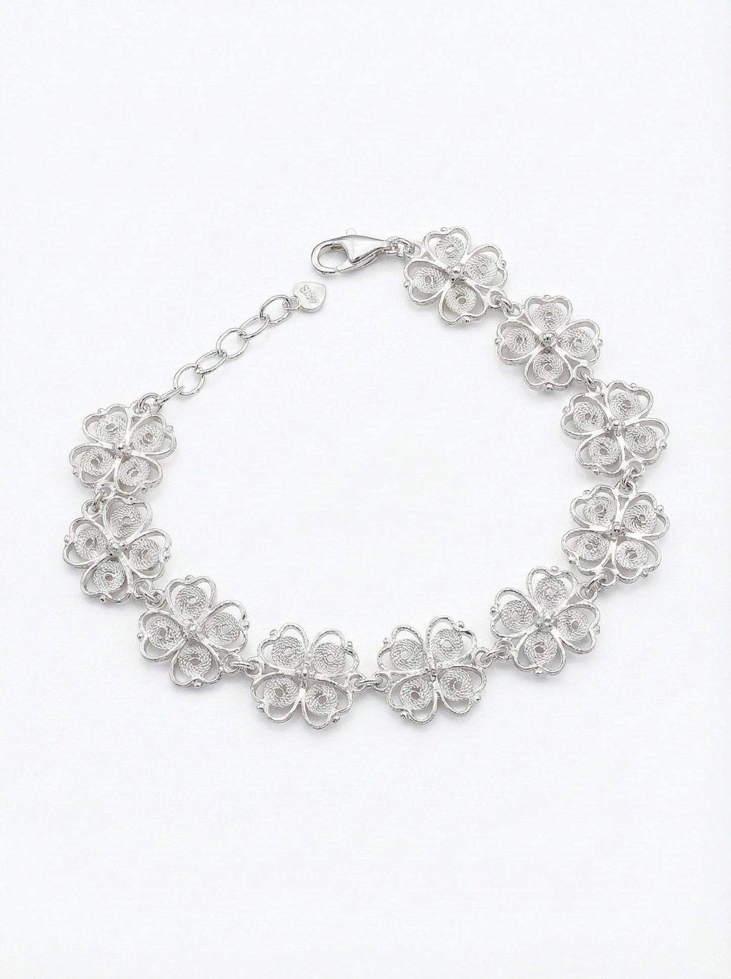 925 Ayar Geleneksel Telkari Elişi Yonca Motifli Sıralı Gümüş Bileklik (Ayarlanabilir)