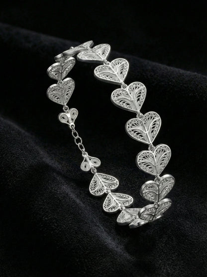 925 Ayar Geleneksel Telkari Sıralı Kalp Motifli Elişi Gümüş Bileklik (Ayarlanabilir)
