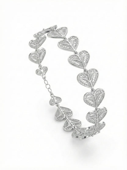 925 Ayar Geleneksel Telkari Sıralı Kalp Motifli Elişi Gümüş Bileklik (Ayarlanabilir)