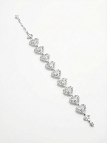 925 Ayar Geleneksel Telkari Sıralı Kalp Motifli Elişi Gümüş Bileklik (Ayarlanabilir)