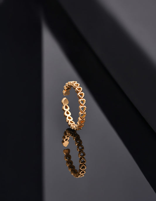 925 Ayar Gold Sıralı Tamtur Kalp Ayarlanabilir Gümüş Yüzük