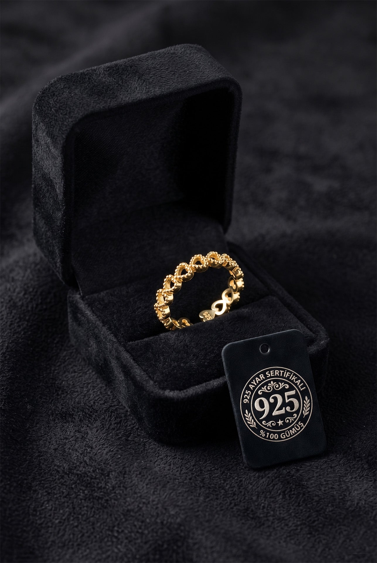 925 Ayar Gold Sıralı Tamtur Kalp Ayarlanabilir Gümüş Yüzük