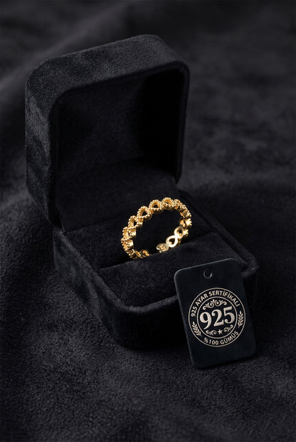 925 Ayar Gold Sıralı Tamtur Kalp Ayarlanabilir Gümüş Yüzük