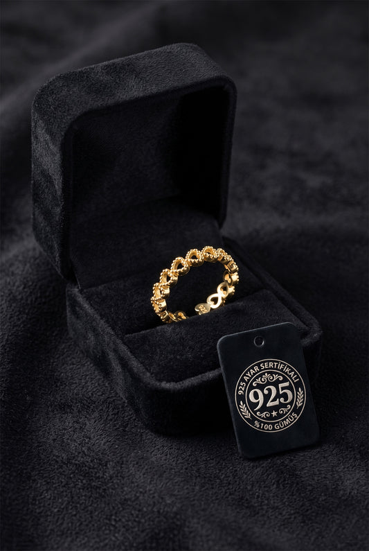 925 Ayar Gold Sıralı Tamtur Kalp Ayarlanabilir Gümüş Yüzük