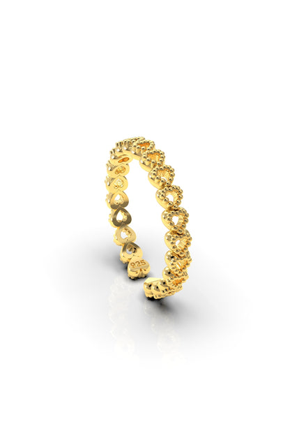 925 Ayar Gold Sıralı Tamtur Kalp Ayarlanabilir Gümüş Yüzük