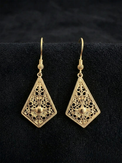 925 Ayar Gümüş Altın Kaplama Geleneksel Telkari Baklava Dilimi Kancalı Küpe