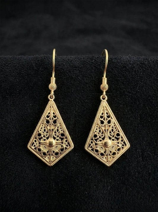 925 Ayar Gümüş Altın Kaplama Geleneksel Telkari Baklava Dilimi Kancalı Küpe