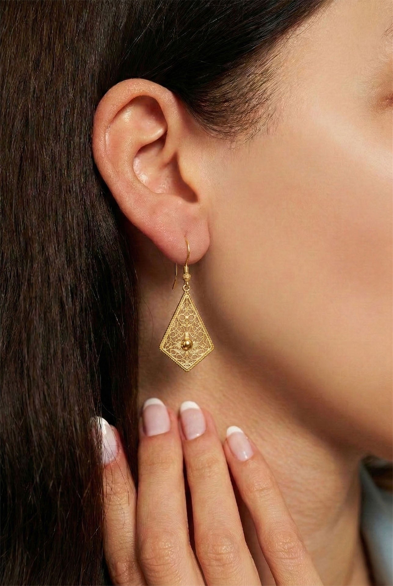 925 Ayar Gümüş Altın Kaplama Geleneksel Telkari Baklava Dilimi Kancalı Küpe