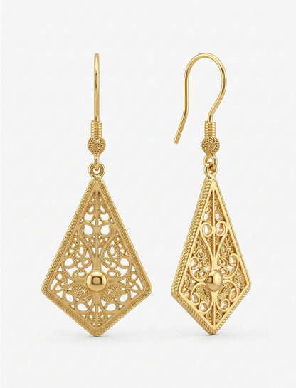 925 Ayar Gümüş Altın Kaplama Geleneksel Telkari Baklava Dilimi Kancalı Küpe