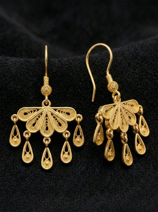 925 Ayar Gümüş Altın Kaplama Geleneksel Telkari Damla Püsküllü Yelpaze Küpe