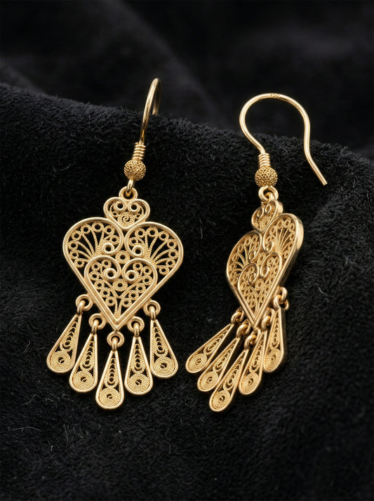 925 Ayar Gümüş Altın Kaplama Geleneksel Telkari Kalp Küpe - Damla Püskül Sallantılı El İşçiliği