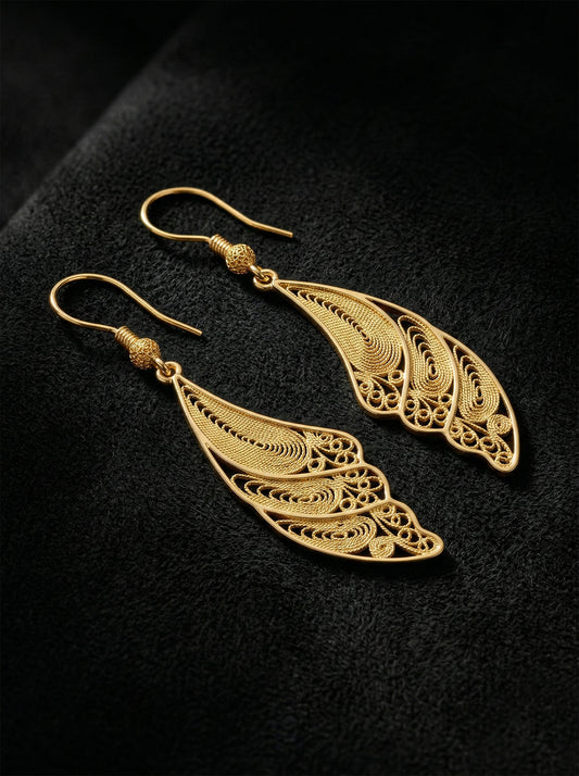 925 Ayar Gümüş Altın Kaplama Geleneksel Telkari Kanat Küpe