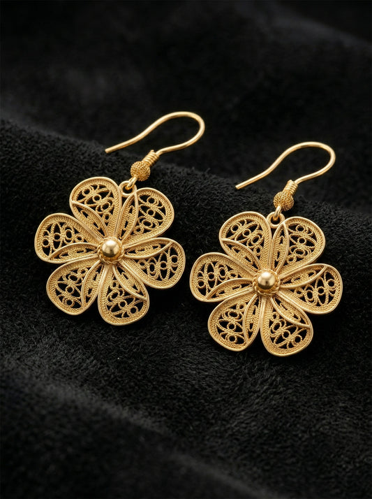 925 Ayar Gümüş Altın Renk Geleneksel Telkari Elişi Papatya Kancalı Sallantılı Küpe