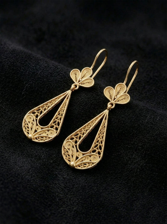 925 Ayar Gümüş Altın Renk Geleneksel Telkari Sanatı Lale Figürlü Damla Drop Sallantılı Küpe