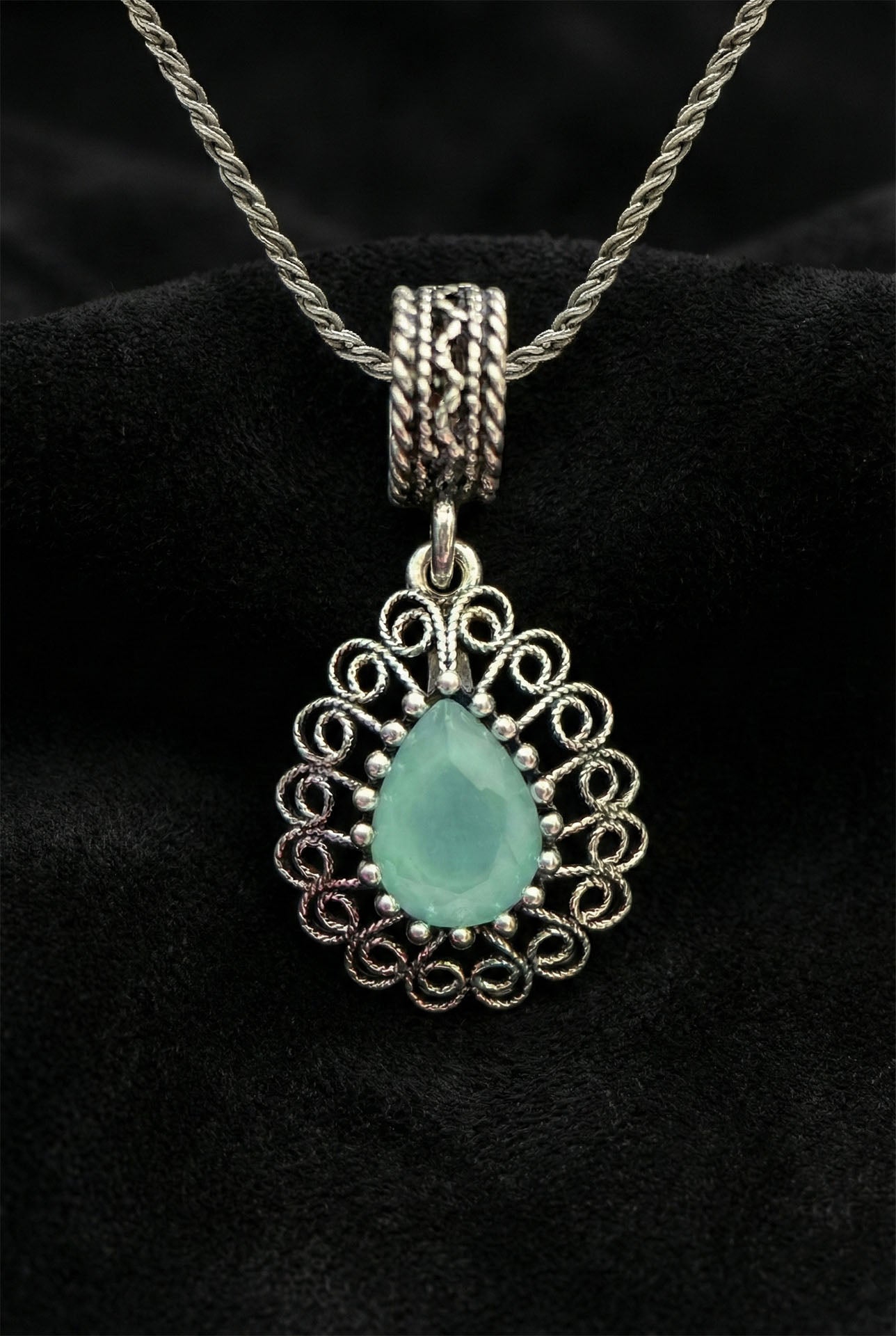 925 Ayar Gümüş Aventurin Taşlı Elişi Geleneksel Damla Telkari Kolye-Küpe 2'li Set