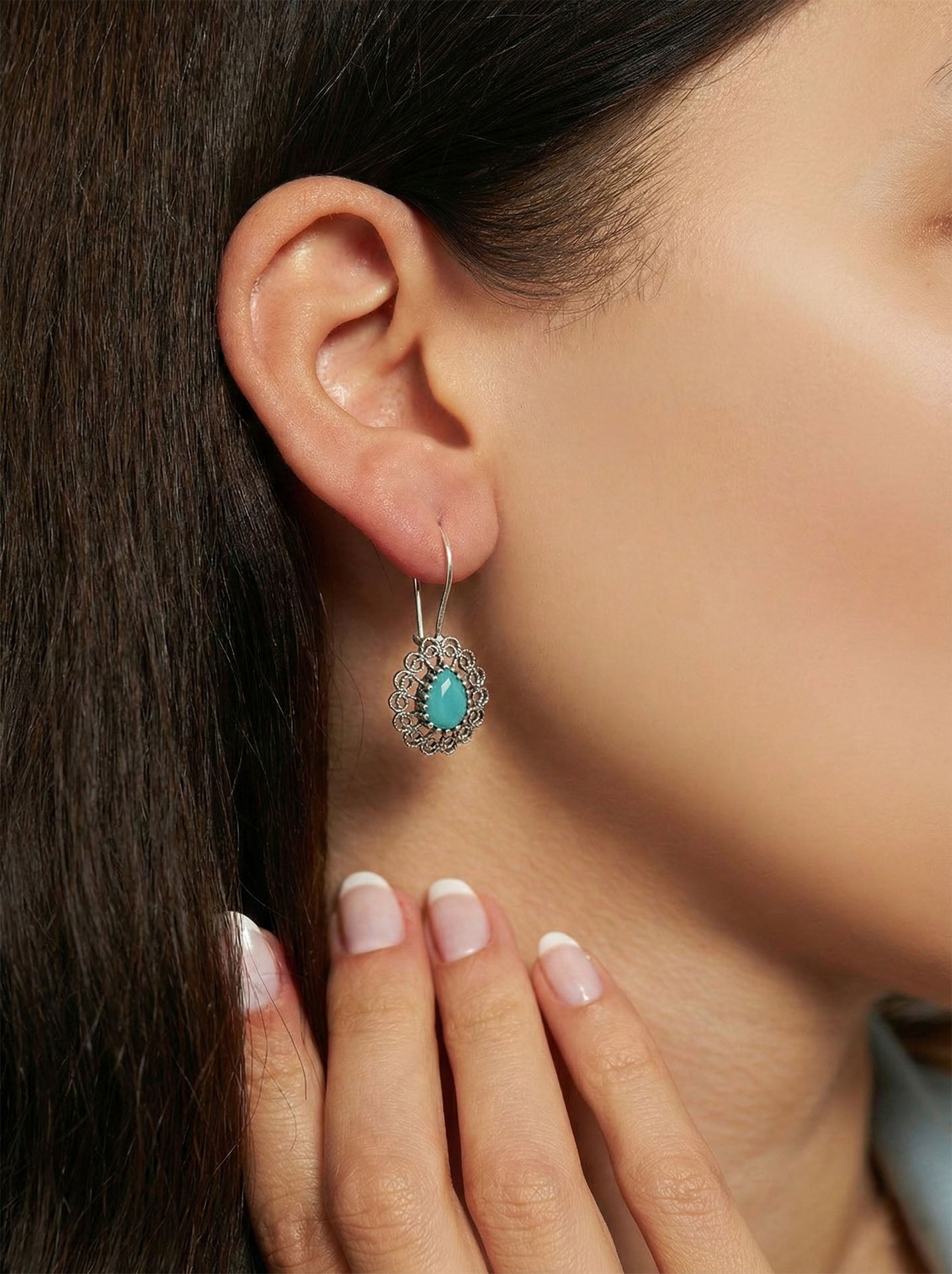 925 Ayar Gümüş Aventurin Taşlı Elişi Geleneksel Damla Telkari Kolye-Küpe 2'li Set