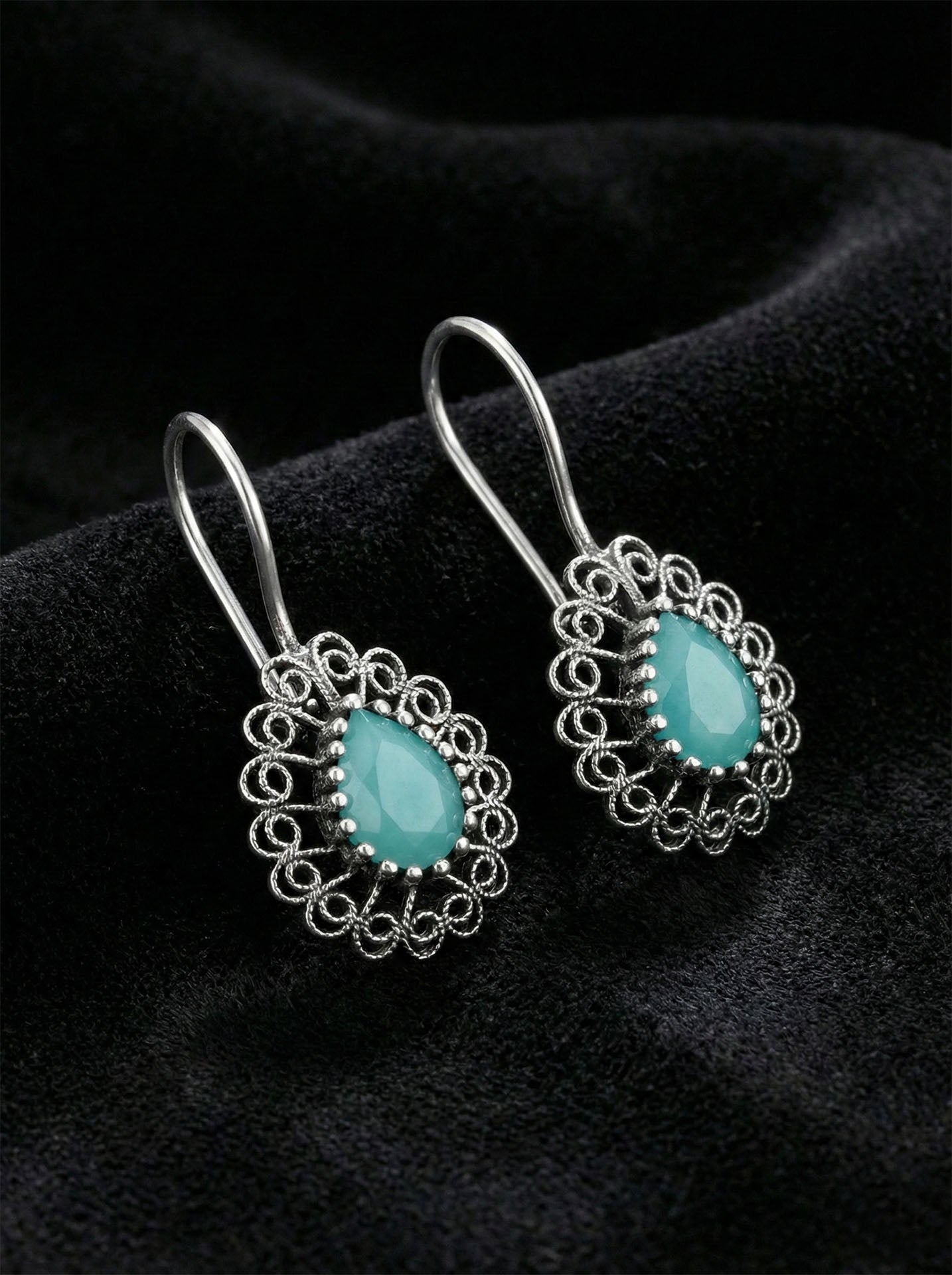 925 Ayar Gümüş Aventurin Taşlı Elişi Geleneksel Damla Telkari Kolye-Küpe 2'li Set