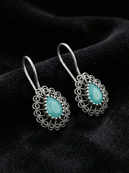 925 Ayar Gümüş Aventurin Taşlı Elişi Geleneksel Damla Telkari Kolye-Küpe 2'li Set