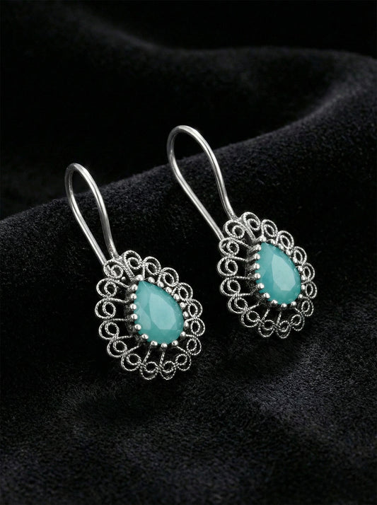 925 Ayar Gümüş Aventurin Taşlı Elişi Geleneksel Damla Telkari Küpe