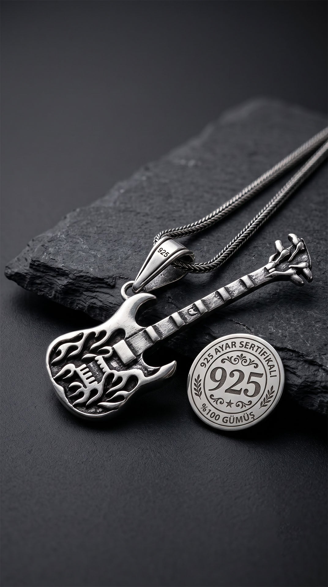 925 Ayar Gümüş Erkek Kolye - Oksitli Alev Desenli Elektro Gitar Uçlu Tilki Kuyruğu Örgü Zincir