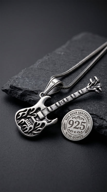 925 Ayar Gümüş Erkek Kolye - Oksitli Alev Desenli Elektro Gitar Uçlu Tilki Kuyruğu Örgü Zincir