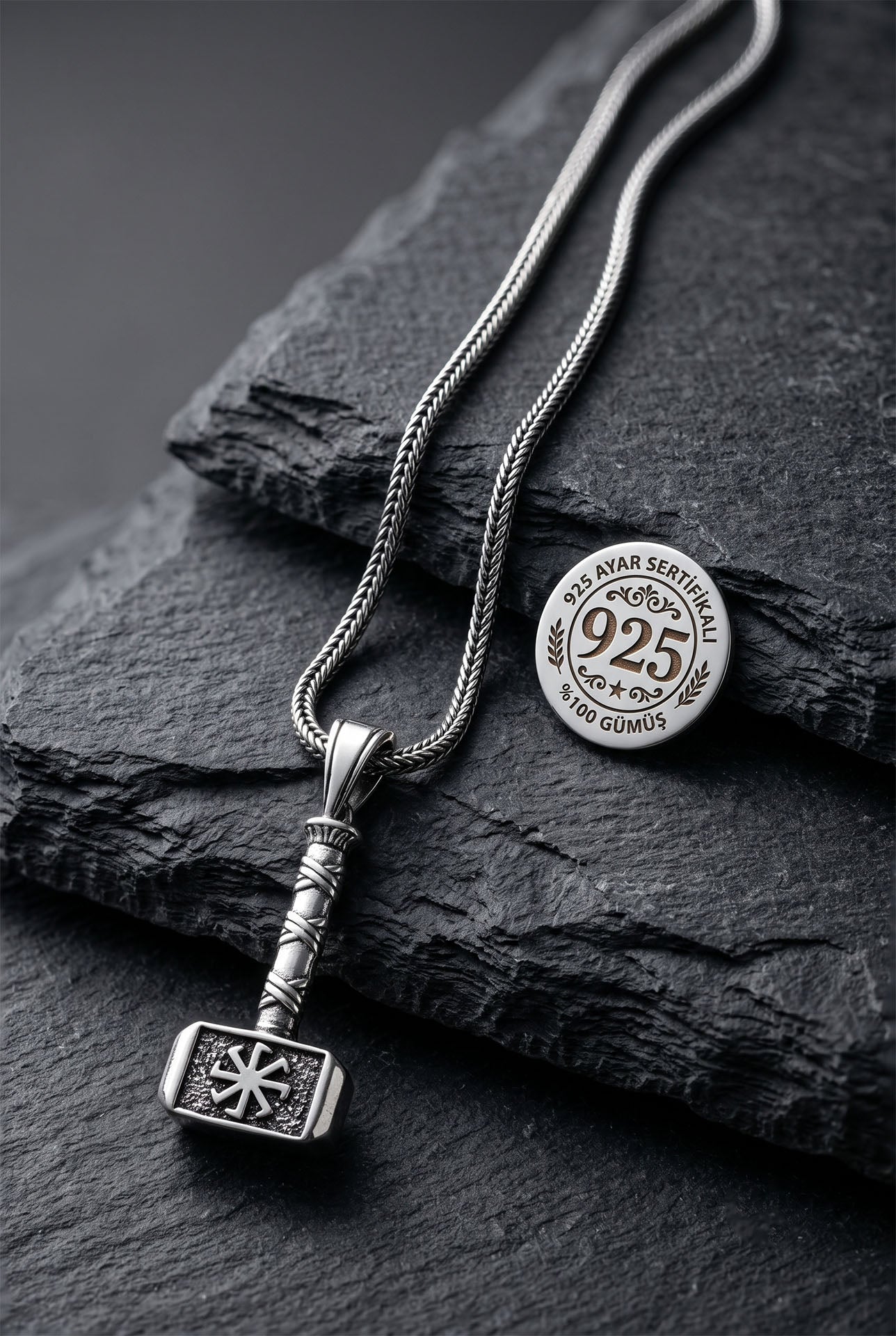 925 Ayar Gümüş Erkek Kolye - Oksitli Thor'un Çekici Mjolnir ve Kolovrat Sembollü Örgü Zincir