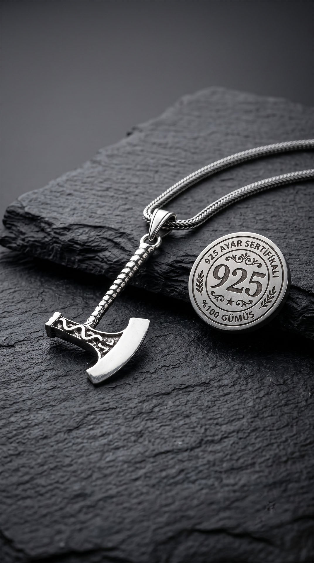 925 Ayar Gümüş Erkek Kolye - Oksitli Viking Savaşçı Baltası Uçlu Tilki Kuyruğu Örgü Zincir