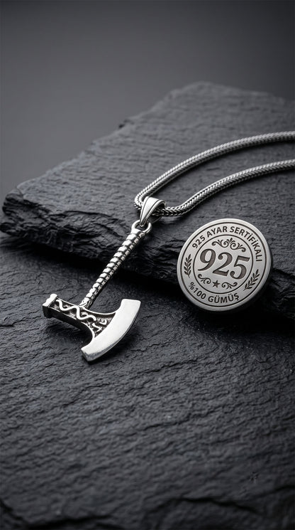925 Ayar Gümüş Erkek Kolye - Oksitli Viking Savaşçı Baltası Uçlu Tilki Kuyruğu Örgü Zincir
