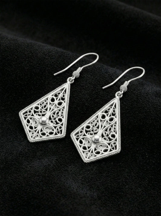 925 Ayar Gümüş Geleneksel Telkari Baklava Dilimi Şık Drop Küpe