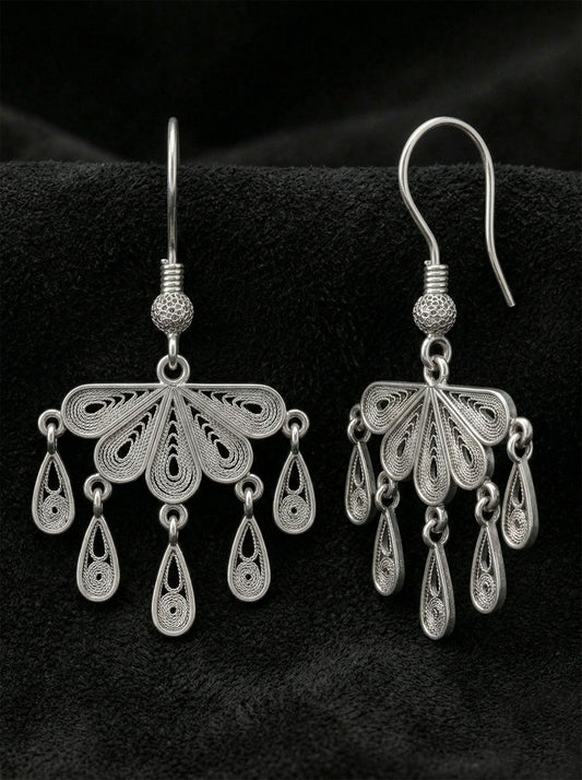 925 Ayar Gümüş Geleneksel Telkari Damla Püsküllü Yelpaze Küpe