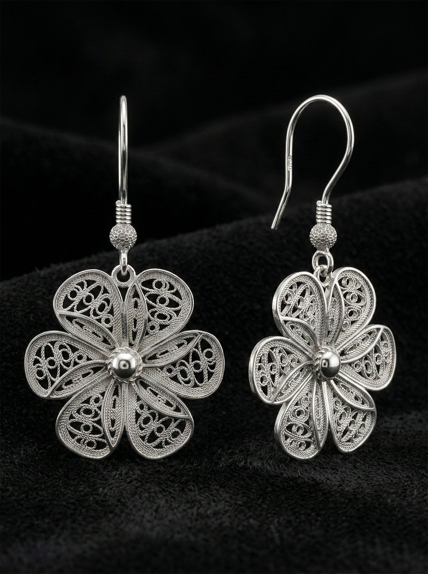 925 Ayar Gümüş Geleneksel Telkari Elişi Papatya Kancalı Sallantılı Küpe