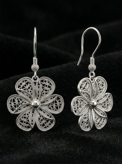 925 Ayar Gümüş Geleneksel Telkari Elişi Papatya Kancalı Sallantılı Küpe