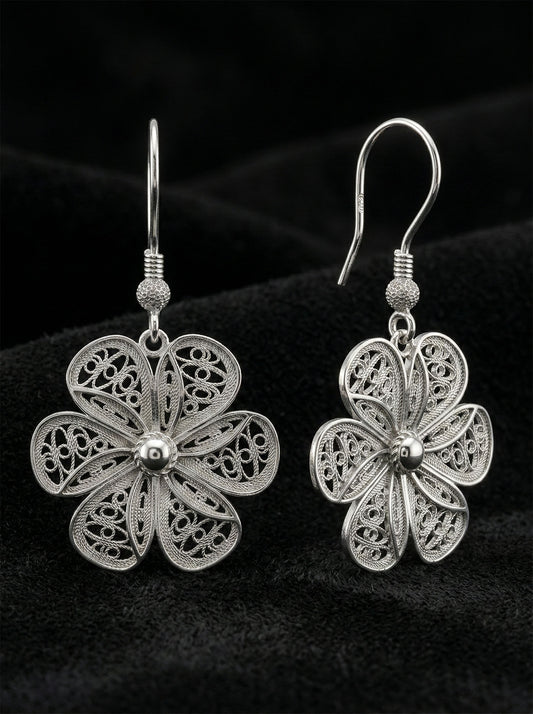 925 Ayar Gümüş Geleneksel Telkari Elişi Papatya Kancalı Sallantılı Küpe