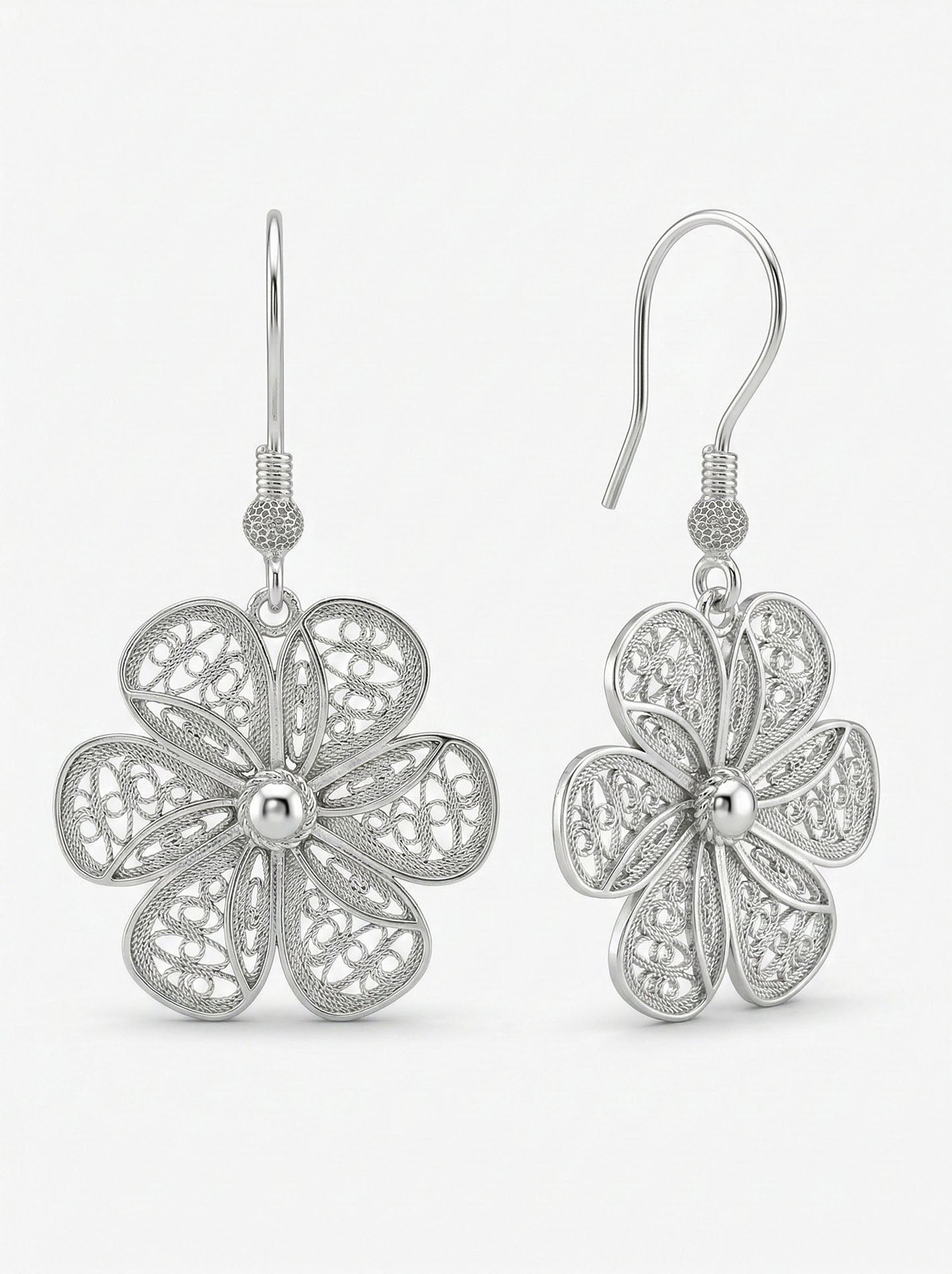 925 Ayar Gümüş Geleneksel Telkari Elişi Papatya Kancalı Sallantılı Küpe