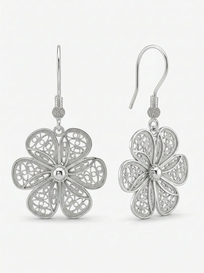 925 Ayar Gümüş Geleneksel Telkari Elişi Papatya Kancalı Sallantılı Küpe