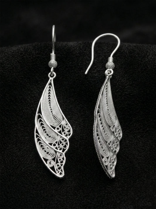 925 Ayar Gümüş Geleneksel Telkari Melek Kanadı Küpe - Modern El İşçiliği Dikey Tasarım