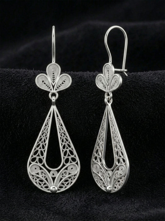 925 Ayar Gümüş Geleneksel Telkari Sanatı Lale Figürlü Damla Drop Sallantılı Küpe