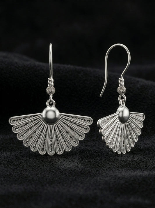 925 Ayar Gümüş Geleneksel Telkari Yelpaze Kancalı Küpe - El İşçiliği