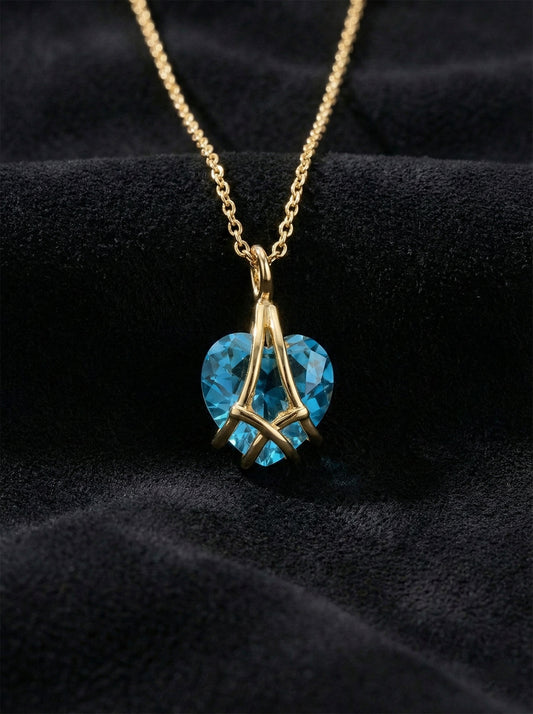 925 Ayar Gümüş Gold Renk Akuamarin Taşlı Kafes Kalp Arkadaşlık Kolyesi