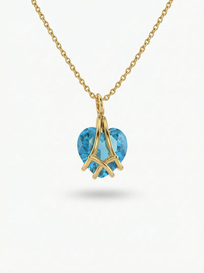 925 Ayar Gümüş Gold Renk Akuamarin Taşlı Kafes Kalp Arkadaşlık Kolyesi