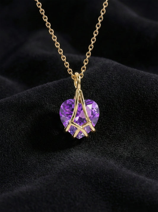925 Ayar Gümüş Gold Renk Ametist Taşlı Kafes Kalp Arkadaşlık Kolyesi