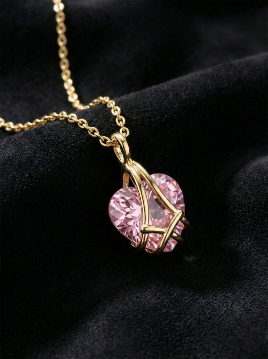 925 Ayar Gümüş Gold Renk Pembe Kuvars Taşlı Kafes Kalp Arkadaşlık Kolyesi