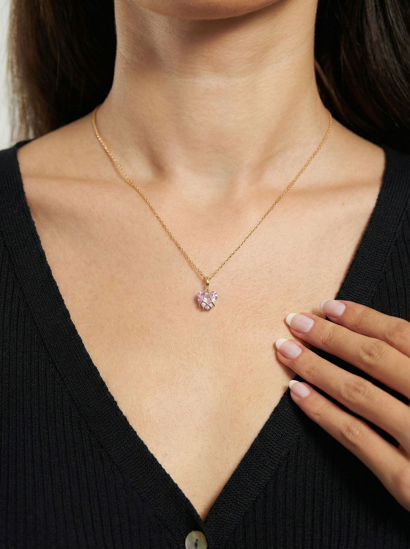 925 Ayar Gümüş Gold Renk Pembe Kuvars Taşlı Kafes Kalp Arkadaşlık Kolyesi