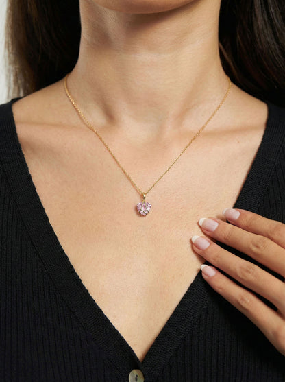 925 Ayar Gümüş Gold Renk Pembe Kuvars Taşlı Kafes Kalp Arkadaşlık Kolyesi