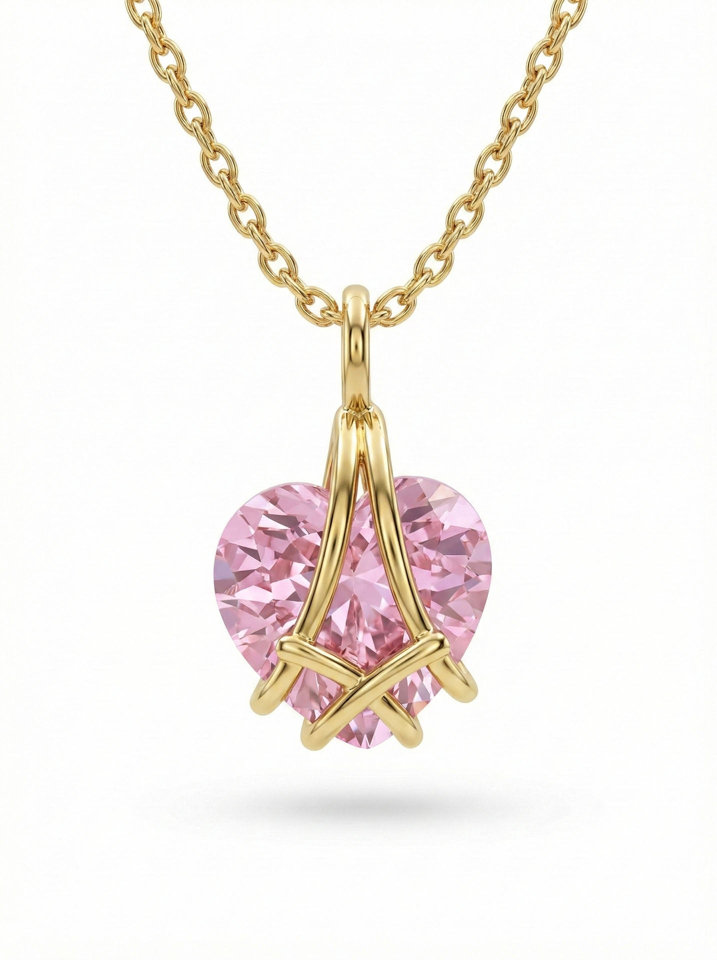 925 Ayar Gümüş Gold Renk Pembe Kuvars Taşlı Kafes Kalp Arkadaşlık Kolyesi