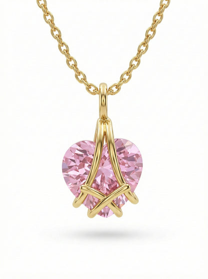 925 Ayar Gümüş Gold Renk Pembe Kuvars Taşlı Kafes Kalp Arkadaşlık Kolyesi
