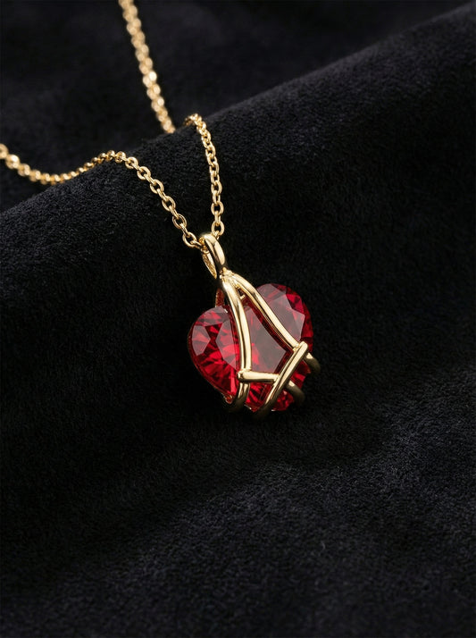 925 Ayar Gümüş Gold Renk Yakut Taşlı Kafes Kalp Arkadaşlık Kolyesi