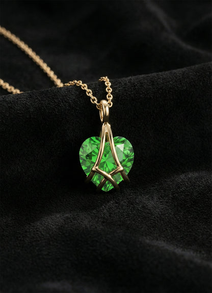 925 Ayar Gümüş Gold Renk Zümrüt Taşlı Kafes Kalp Arkadaşlık Kolyesi