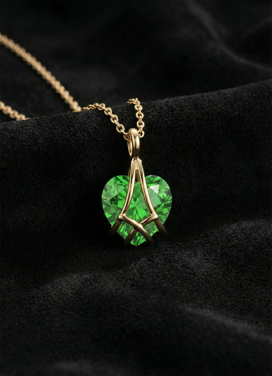 925 Ayar Gümüş Gold Renk Zümrüt Taşlı Kafes Kalp Arkadaşlık Kolyesi