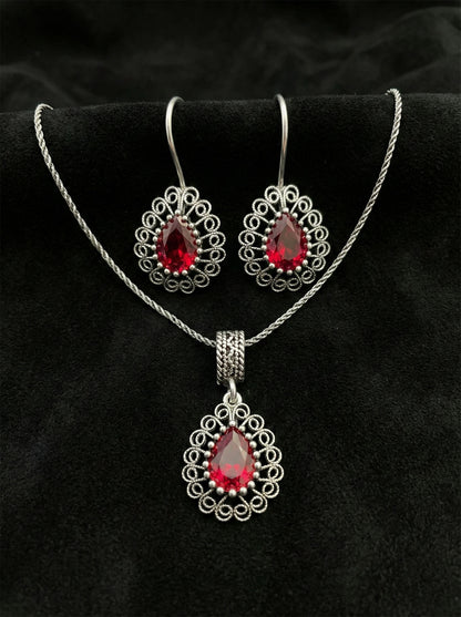 925 Ayar Gümüş Lal Taşlı Elişi Geleneksel Damla Telkari Kolye- Küpe 2'li Set